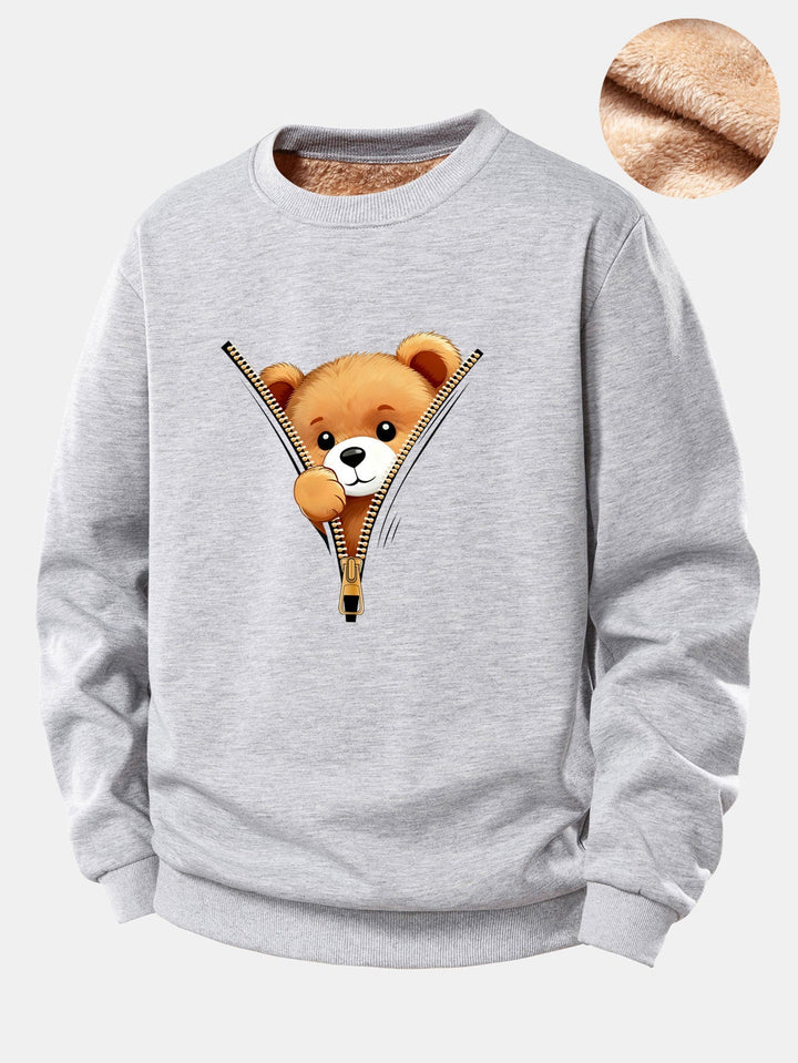 Zipper Bear Print Teddy Fleece Lined Sweatshirt