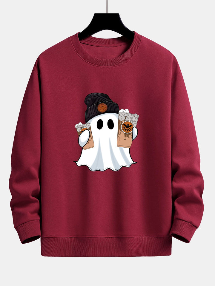 Halloween Ghost Coffee Print Relax Fit Sweatshirt