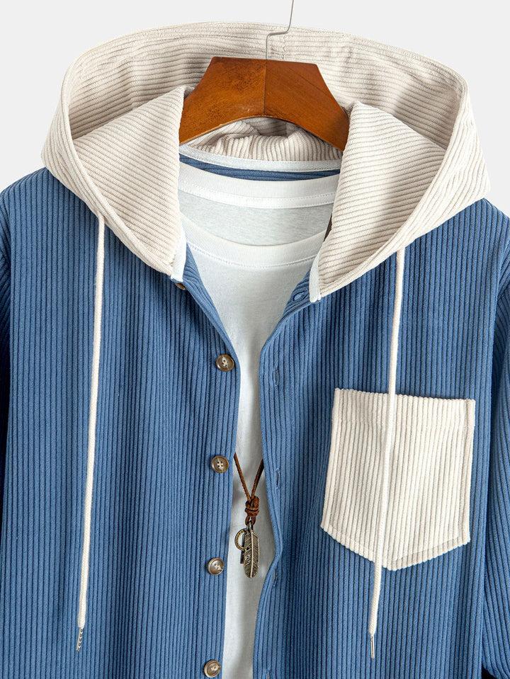 Long Sleeved Contrast Corduroy Hooded Shirt & Straight Leg Corduroy Pants