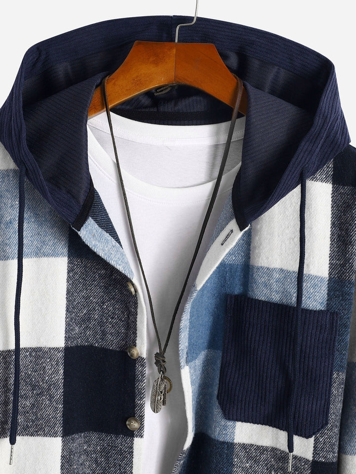 Relax Fit Flannel Plaid Corduroy Patchwork Hooded Shirt & Straight Leg Corduroy Pants