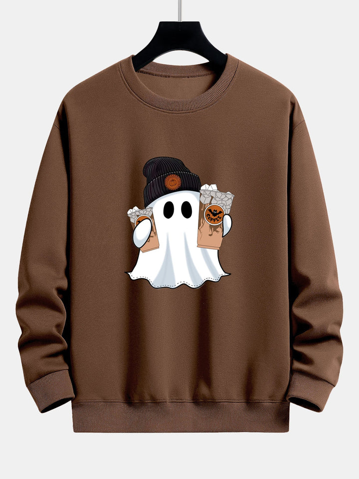 Halloween Ghost Coffee Print Relax Fit Sweatshirt