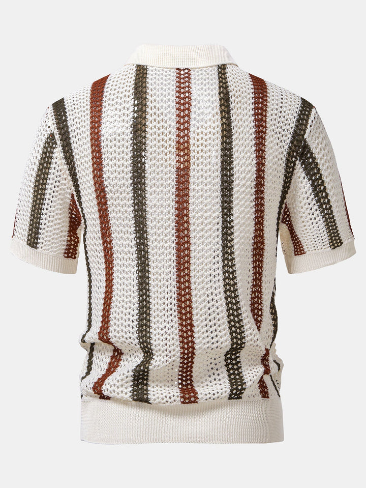 Striped Crochet V Neck Polo & Straight Leg Linen Pants