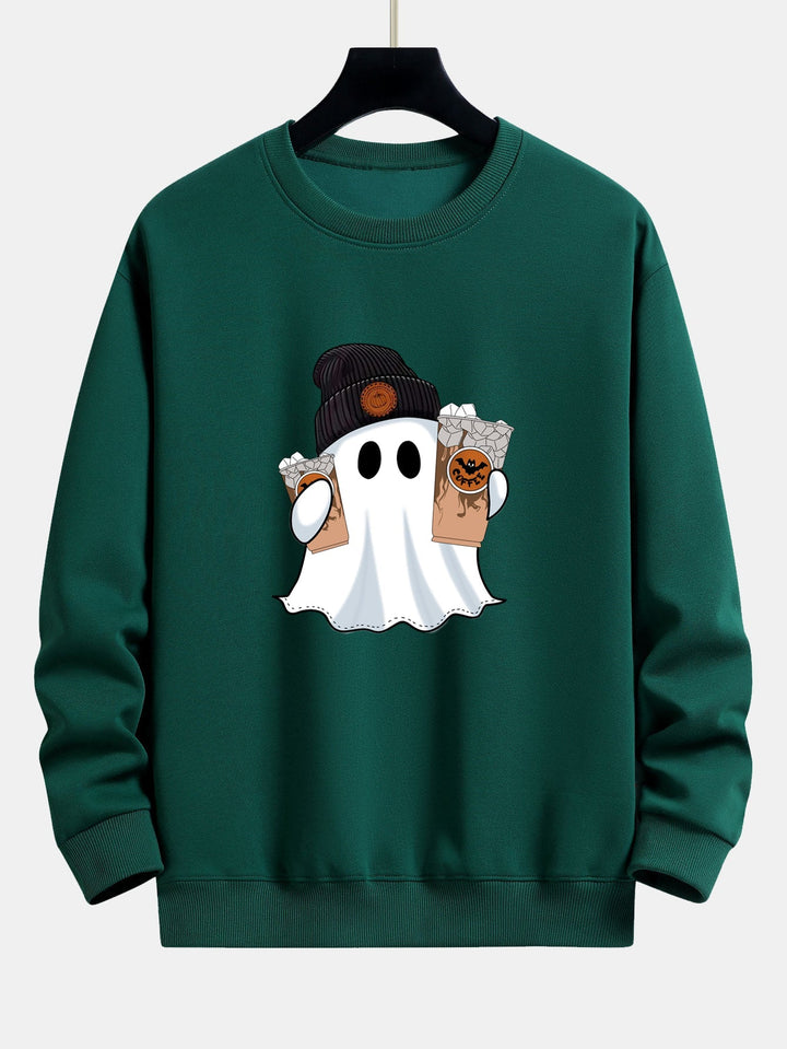 Halloween Ghost Coffee Print Relax Fit Sweatshirt