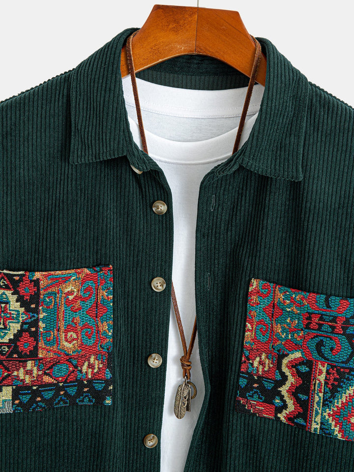Ethnic Geometric Jacquard Patchwork Corduroy Shirt