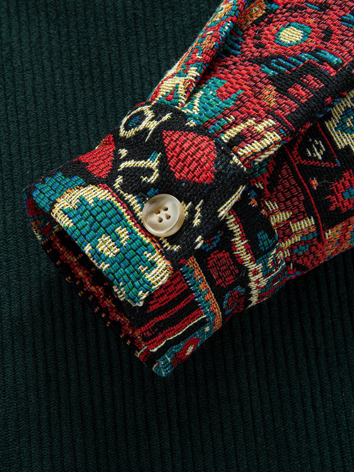 Ethnic Geometric Jacquard Patchwork Corduroy Shirt