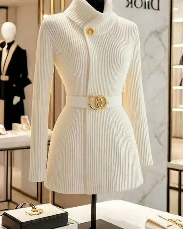 White Plain Mock Neck Long Sleeve Cardigan