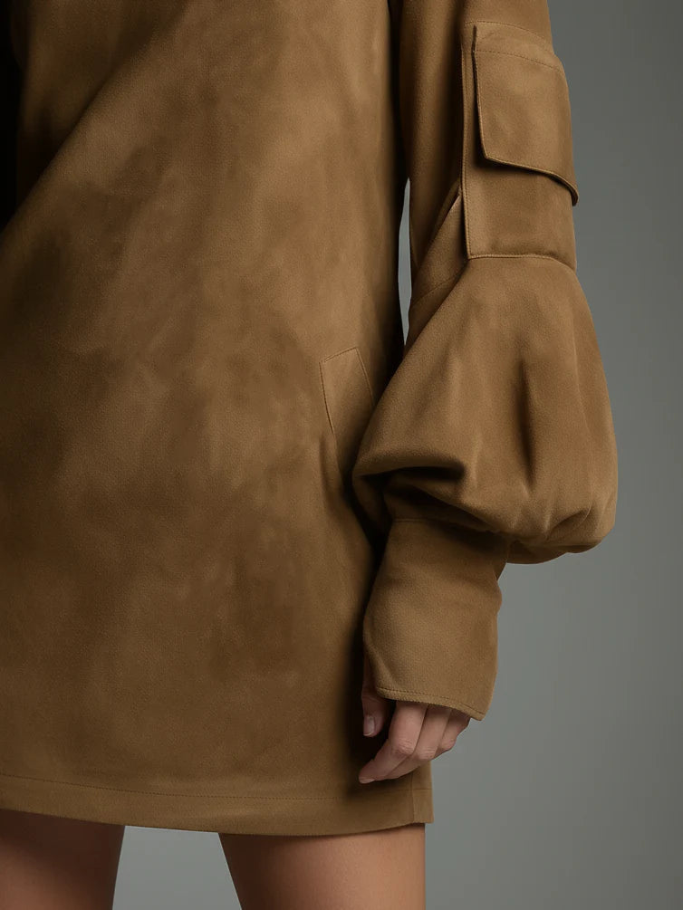 Mavie | Locker cut suede dress with stand-up collar