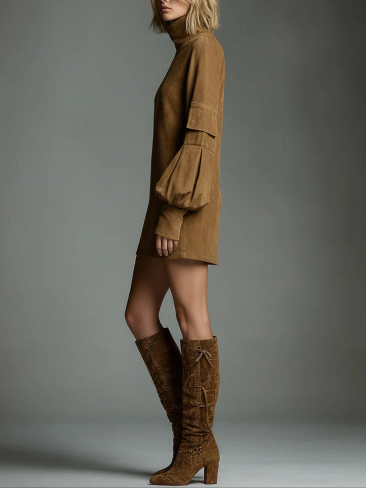 Mavie | Locker cut suede dress with stand-up collar