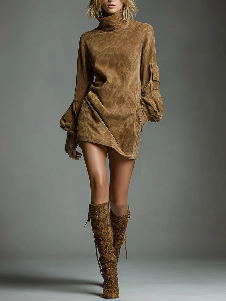 Mavie | Locker cut suede dress with stand-up collar