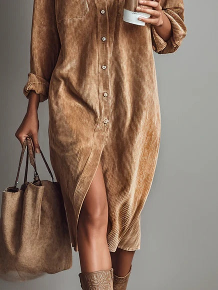 Marit | Cord Dress with Chest Pockets and Button Placket