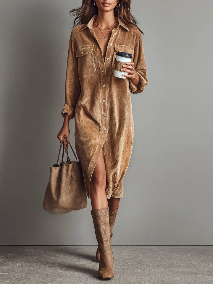 Marit | Cord Dress with Chest Pockets and Button Placket