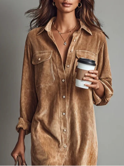 Marit | Cord Dress with Chest Pockets and Button Placket