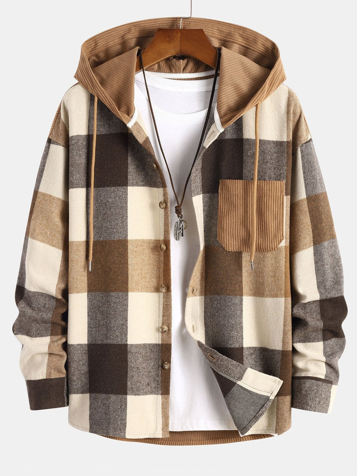 Relax Fit Flannel Plaid Corduroy Patchwork Hooded Shirt & Straight Leg Corduroy Pants