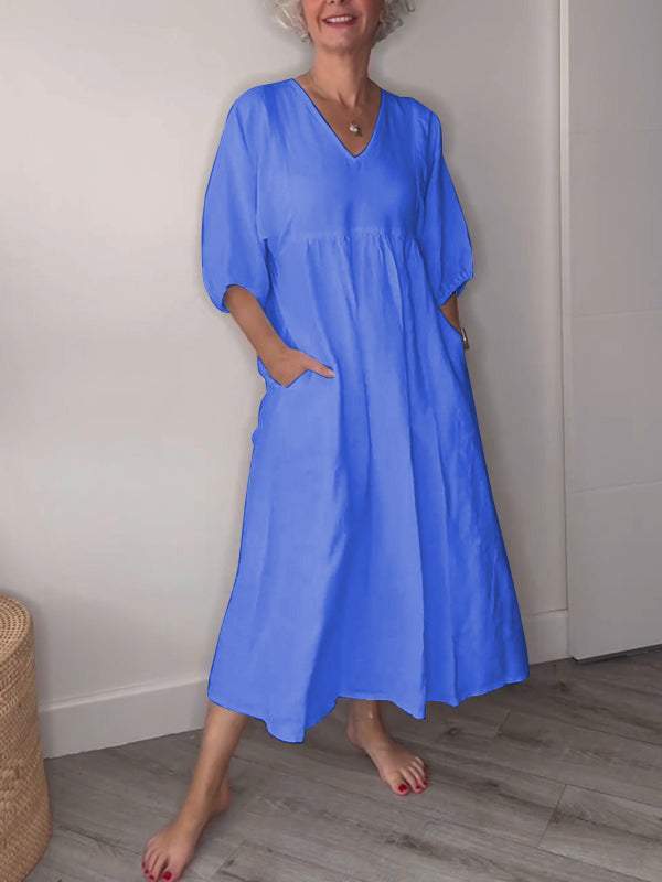 Eeva™ - Casual Midi Dress with V-Neck and Pockets