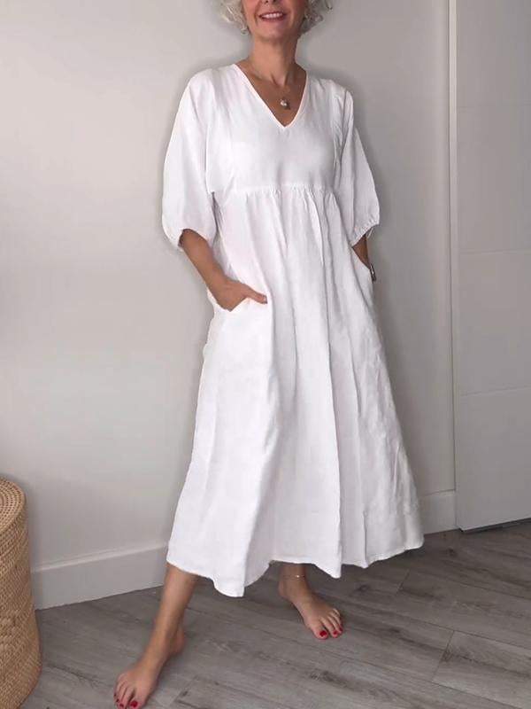 Eeva™ - Casual Midi Dress with V-Neck and Pockets
