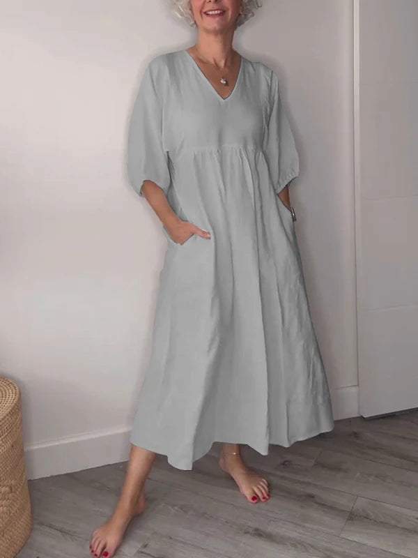 Eeva™ - Casual Midi Dress with V-Neck and Pockets