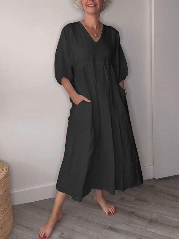 Eeva™ - Casual Midi Dress with V-Neck and Pockets