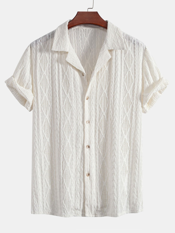 Geometric Jacquard Eyelet Cuban Shirt & Straight Leg Linen Pants