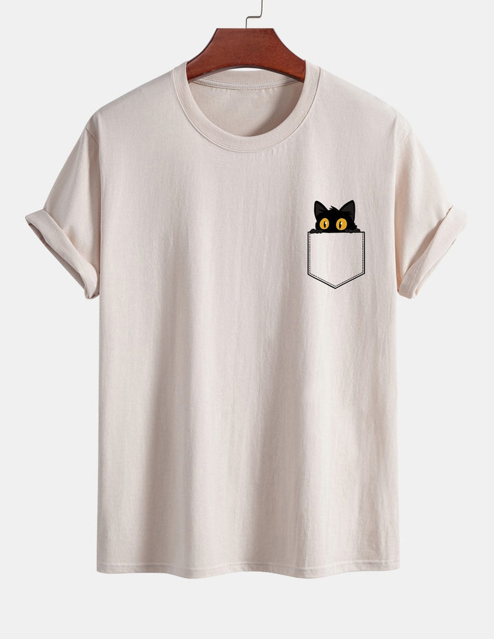 Regular Fit Pocket Black Cat Print Cotton T-Shirt