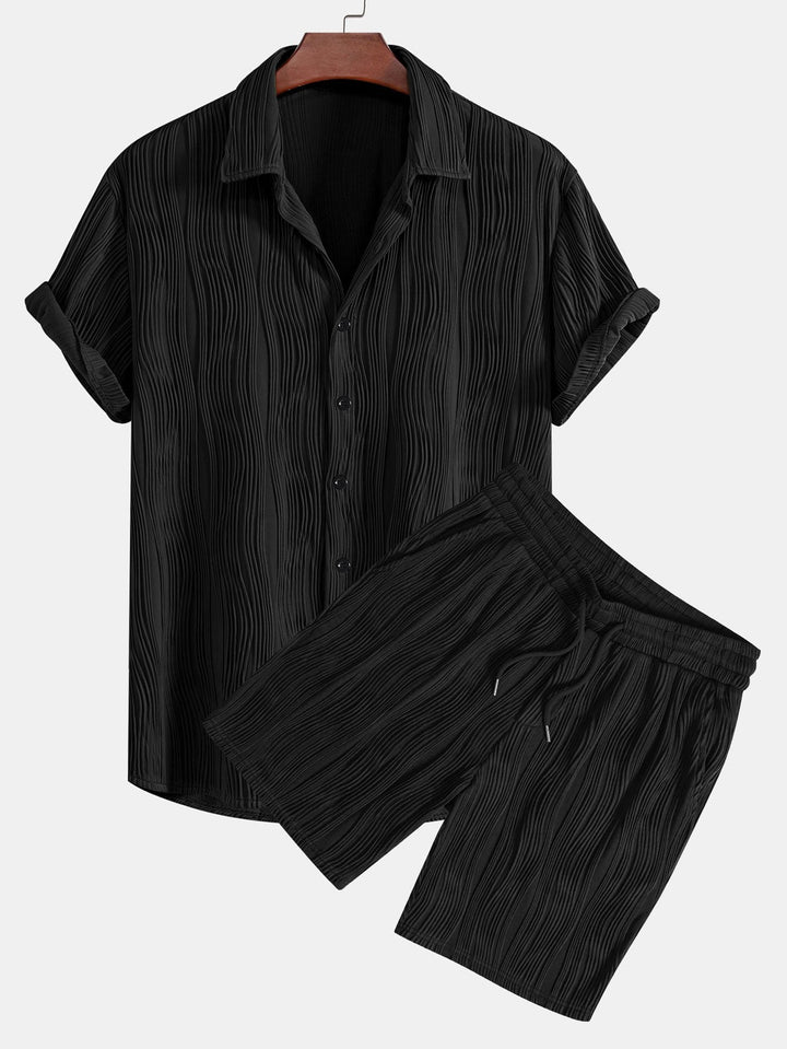 Wave Textured Button Up Shirt & Shorts